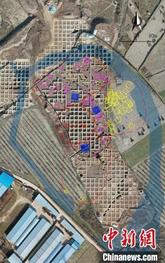 圖為位于甘肅省天水市張家川回族自治縣境內(nèi)的圪垯川遺址史家類(lèi)型時(shí)期大型環(huán)壕聚落布局。(資料圖) 甘肅省文物局供圖
