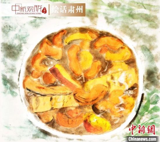 圖為酒泉美食“糊鍋”繪畫(huà)作品。　杜興彥 攝