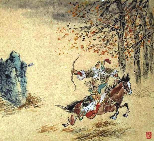 “林暗草驚風(fēng)，將軍夜引弓。”畫作